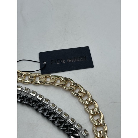 Steve Madden Layered Tri Tone Mixed Metal Bling Stones Curb Chain Necklace New - Picture 10 of 16